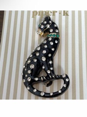 Piper K Black Crystal Jeweled Panther Brooch with Green Crystal Accents